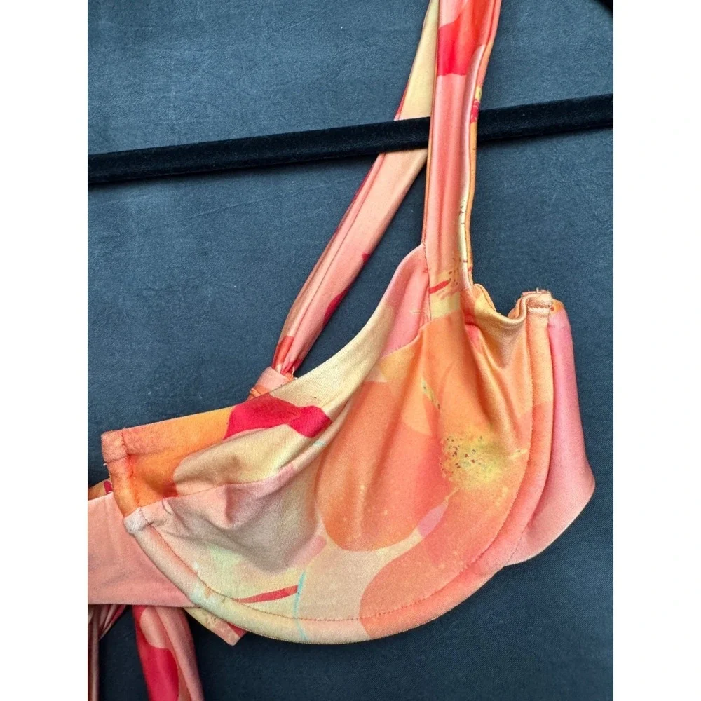 L*Space Bikini Top Large Orange Pink Abstract Floral Underwire Demi Swim Top L